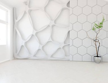İçinde vazolar ve büyük duvarlar olan boş bir İskandinav odası fikri. İç kısımları kuzeyli. 3B illüstrasyon