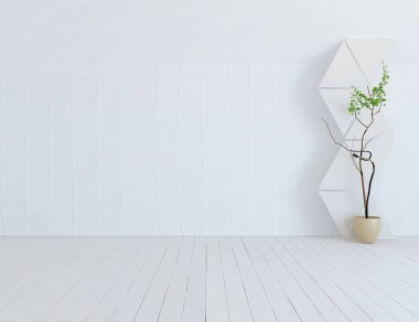 İçinde vazolar ve büyük duvarlar olan boş bir İskandinav odası fikri. İç kısımları kuzeyli. 3B illüstrasyon