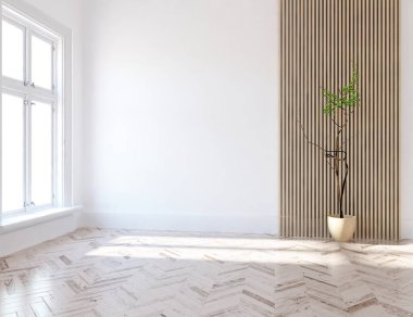 İçinde vazolar ve büyük duvarlar olan boş bir İskandinav odası fikri. İç kısımları kuzeyli. 3B illüstrasyon