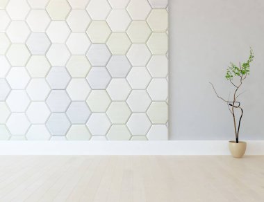 İçinde vazolar ve büyük duvarlar olan boş bir İskandinav odası fikri. İç kısımları kuzeyli. 3B illüstrasyon