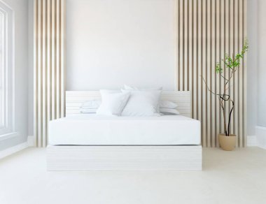 Yatak odasının içinde yatak var. Renkli elementlerin iç mimarisi ile kuzeye dönük. 3B illüstrasyon