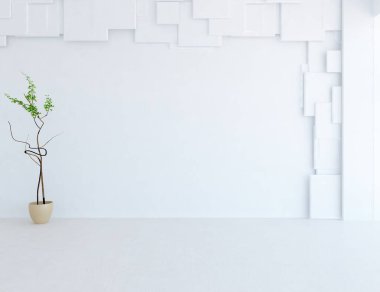 İçinde vazolar ve büyük duvarlar olan boş bir İskandinav odası fikri. İç kısımları kuzeyli. 3B illüstrasyon