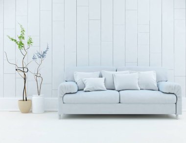 Minimalist bir oturma odası ve ahşap zeminde bir kanepe. İç kısımları kuzeyli. 3B illüstrasyon