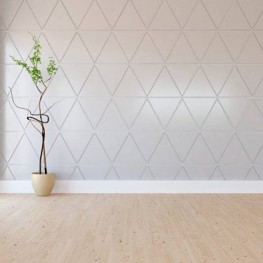 İçinde vazolar ve büyük duvarlar olan boş bir İskandinav odası fikri. İç kısımları kuzeyli. 3B illüstrasyon