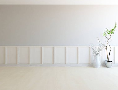 İçinde vazolar ve büyük duvarlar olan boş bir İskandinav odası fikri. İç kısımları kuzeyli. 3B illüstrasyon