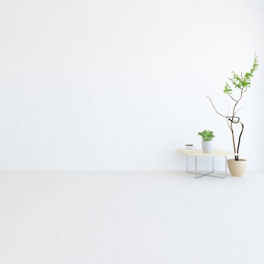 İçinde vazolar ve büyük duvarlar olan boş bir İskandinav odası fikri. İç kısımları kuzeyli. 3B illüstrasyon