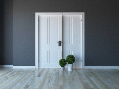 İçinde vazolar ve büyük duvarlar olan boş bir İskandinav odası fikri. İç kısımları kuzeyli. 3B illüstrasyon