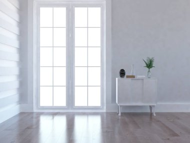 Dekoratif unsurlarla dolu boş bir İskandinav odası fikri. İç kısımları kuzeyli. 3B illüstrasyon 