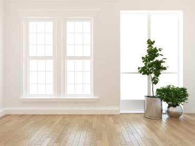 Minimalist, içi ahşap zeminli boş bir oda. İç kısımları kuzeyli. 3B illüstrasyon