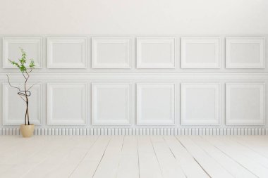 Minimalist, içi ahşap zeminli boş bir oda. İç kısımları kuzeyli. 3B illüstrasyon