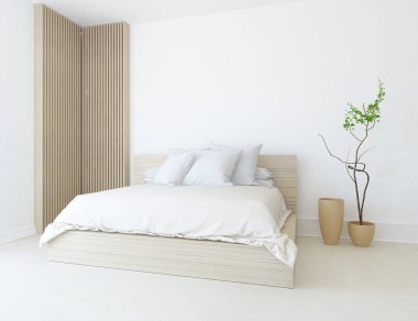 Yatak odasının içinde yatak var. Renkli elementlerin iç mimarisi ile kuzeye dönük. 3B illüstrasyon