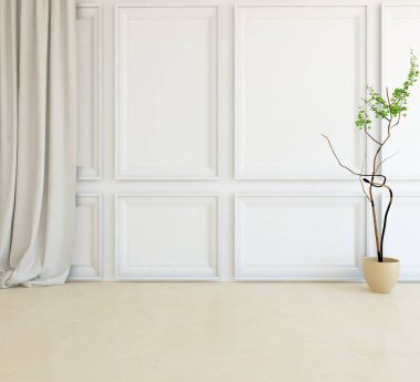 Dekoratif unsurlarla dolu boş bir İskandinav odası fikri. İç kısımları kuzeyli. 3B illüstrasyon 