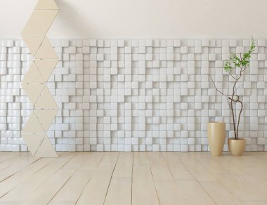 Dekoratif unsurlarla dolu boş bir İskandinav odası fikri. İç kısımları kuzeyli. 3B illüstrasyon 