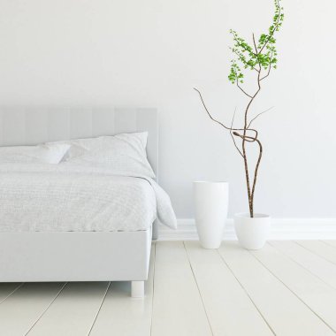 Yatak odasının içinde yatak var. Renkli elementlerin iç mimarisi ile kuzeye dönük. 3B illüstrasyon