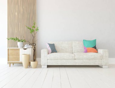 Beyaz minimalist oturma odasının içinde, ahşap zeminde kanepe var. İç kısımları kuzeyli. 3B illüstrasyon