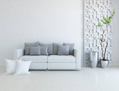 Beyaz minimalist oturma odasının içinde, ahşap zeminde kanepe var. İç kısımları kuzeyli. 3B illüstrasyon