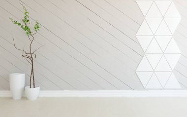 Dekoratif unsurlarla dolu boş bir İskandinav odası fikri. İç kısımları kuzeyli. 3B illüstrasyon 