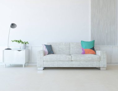 Beyaz minimalist oturma odasının içinde, ahşap zeminde kanepe var. İç kısımları kuzeyli. 3B illüstrasyon