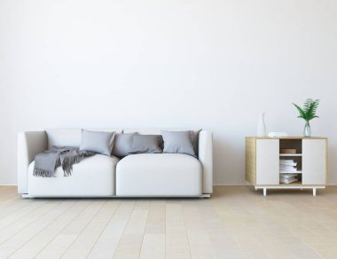 Beyaz minimalist oturma odasının içinde, ahşap zeminde kanepe var. İç kısımları kuzeyli. 3B illüstrasyon