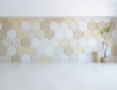 Minimalist, içi ahşap zeminli boş bir oda. İç kısımları kuzeyli. 3B illüstrasyon