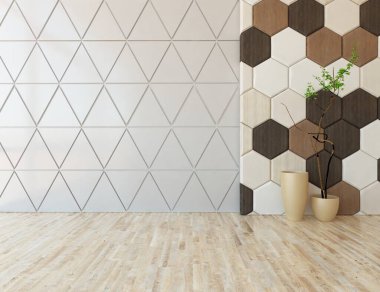 Minimalist, içi ahşap zeminli boş bir oda. İç kısımları kuzeyli. 3B illüstrasyon