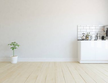 Beyaz minimalist mutfak odası. Ahşap zeminde yemek mobilyası var. İç kısımları kuzeyli. 3B illüstrasyon