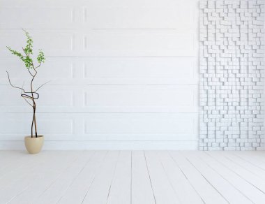 Dekoratif unsurlarla dolu boş bir İskandinav odası fikri. İç kısımları kuzeyli. 3B illüstrasyon 