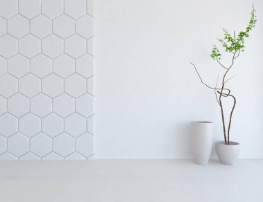 Dekoratif unsurlarla dolu boş bir İskandinav odası fikri. İç kısımları kuzeyli. 3B illüstrasyon 