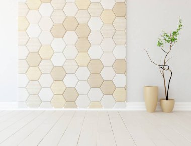 Minimalist, içi ahşap zeminli boş bir oda. İç kısımları kuzeyli. 3B illüstrasyon