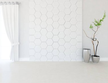 Minimalist, içi ahşap zeminli boş bir oda. İç kısımları kuzeyli. 3B illüstrasyon