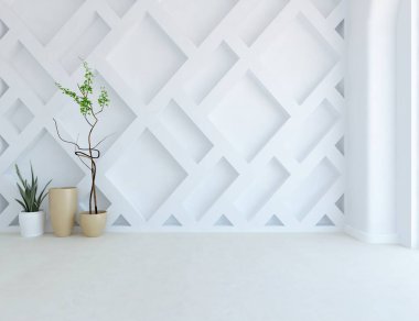 Dekoratif unsurlarla dolu boş bir İskandinav odası fikri. İç kısımları kuzeyli. 3B illüstrasyon 