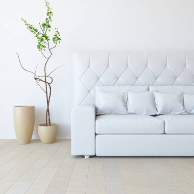 Beyaz minimalist oturma odasının içinde, ahşap zeminde kanepe var. İç kısımları kuzeyli. 3B illüstrasyon