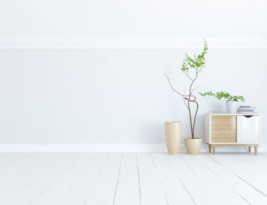 Dekoratif unsurlarla dolu boş bir İskandinav odası fikri. İç kısımları kuzeyli. 3B illüstrasyon 