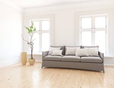 Beyaz minimalist oturma odasının içinde, ahşap zeminde kanepe var. İç kısımları kuzeyli. 3B illüstrasyon