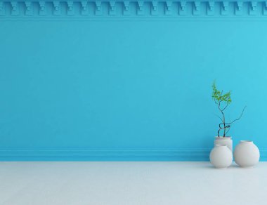 Dekoratif unsurlarla dolu mavi İskandinav odası fikri. İç kısımları kuzeyli. 3B illüstrasyon 