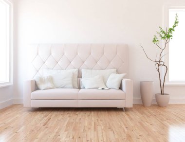 Beyaz minimalist oturma odasının içinde, ahşap zeminde kanepe var. İç kısımları kuzeyli. 3B illüstrasyon