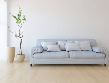 Beyaz minimalist oturma odasının içinde, ahşap zeminde kanepe var. İç kısımları kuzeyli. 3B illüstrasyon