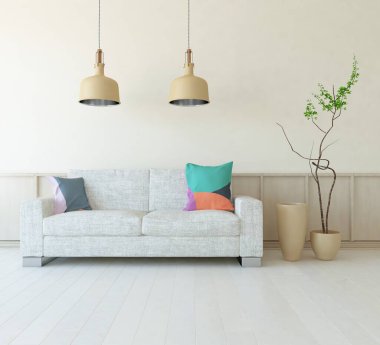 Minimalist bir oturma odası ve ahşap zeminde bir kanepe. İç kısımları kuzeyli. 3B illüstrasyon