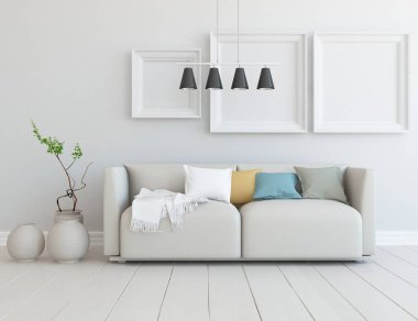 Beyaz minimalist oturma odasının içinde, ahşap zeminde kanepe var. İç kısımları kuzeyli. 3B illüstrasyon