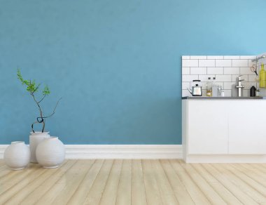 Beyaz minimalist mutfak odası. Ahşap zeminde yemek mobilyası var. İç kısımları kuzeyli. 3B illüstrasyon