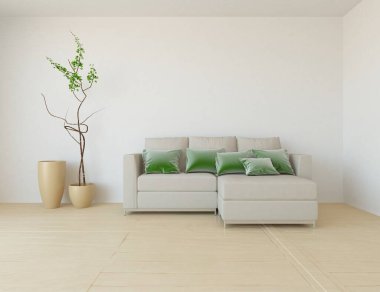 Beyaz minimalist oturma odasının içinde, ahşap zeminde kanepe var. İç kısımları kuzeyli. 3B illüstrasyon
