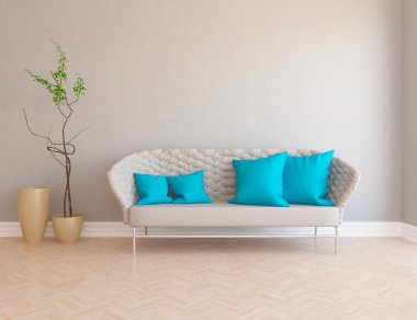 Beyaz minimalist oturma odasının içinde, ahşap zeminde kanepe var. İç kısımları kuzeyli. 3B illüstrasyon