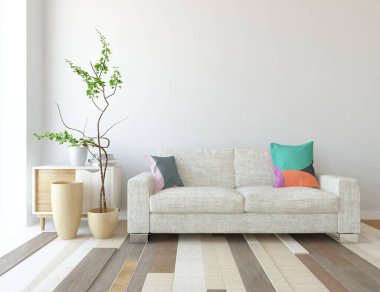 Beyaz minimalist oturma odasının içinde, ahşap zeminde kanepe var. İç kısımları kuzeyli. 3B illüstrasyon