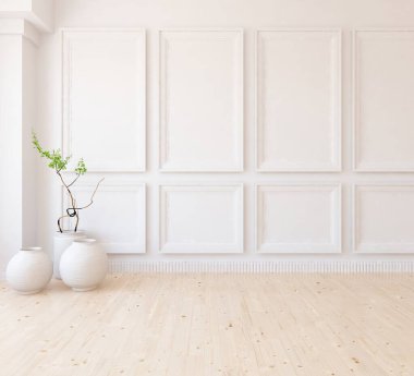 Dekoratif unsurlarla dolu boş bir İskandinav odası fikri. İç kısımları kuzeyli. 3B illüstrasyon 