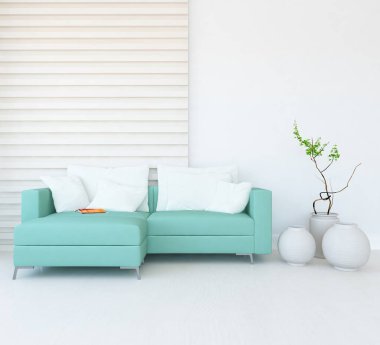 Minimalist bir oturma odası ve ahşap zeminde bir kanepe. İç kısımları kuzeyli. 3B illüstrasyon