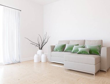 Beyaz minimalist oturma odasının içinde, ahşap zeminde kanepe var. İç kısımları kuzeyli. 3B illüstrasyon