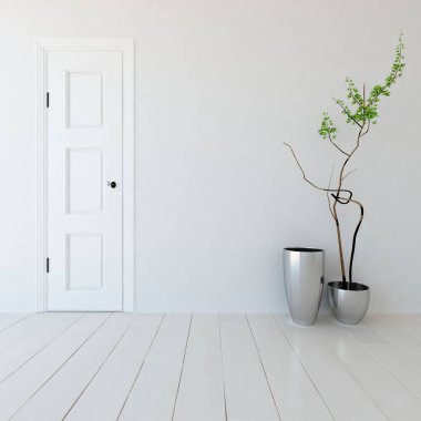 Dekoratif unsurlarla dolu boş bir İskandinav odası fikri. İç kısımları kuzeyli. 3B illüstrasyon 