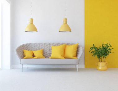 Minimalist bir oturma odası ve ahşap zeminde bir kanepe. İç kısımları kuzeyli. 3B illüstrasyon