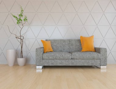 Minimalist bir oturma odası ve ahşap zeminde bir kanepe. İç kısımları kuzeyli. 3B illüstrasyon