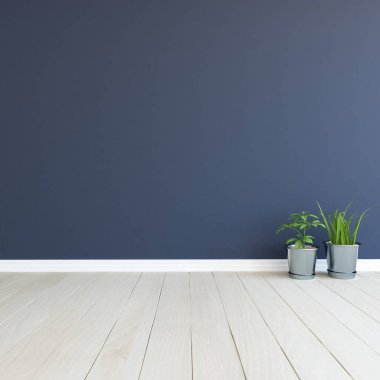 Dekoratif unsurlarla dolu mavi İskandinav odası fikri. İç kısımları kuzeyli. 3B illüstrasyon 